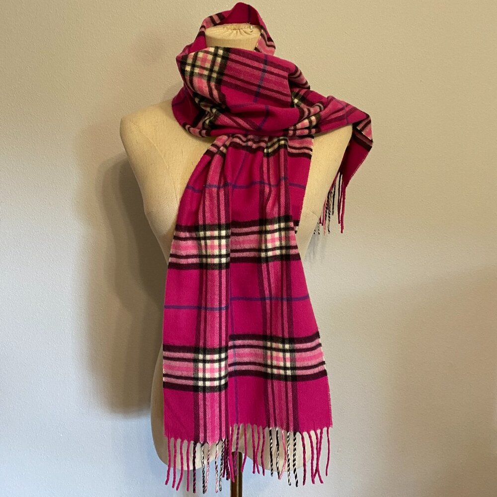 V. Fraas Cashmink Plaid Pink Black Scarf with Fringe, Made in Germany